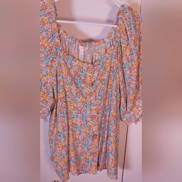 Lauren Conrad Floral Button Front Puff Sleeve Top Size XXL Square Neck Retro - Picture 5 of 13
